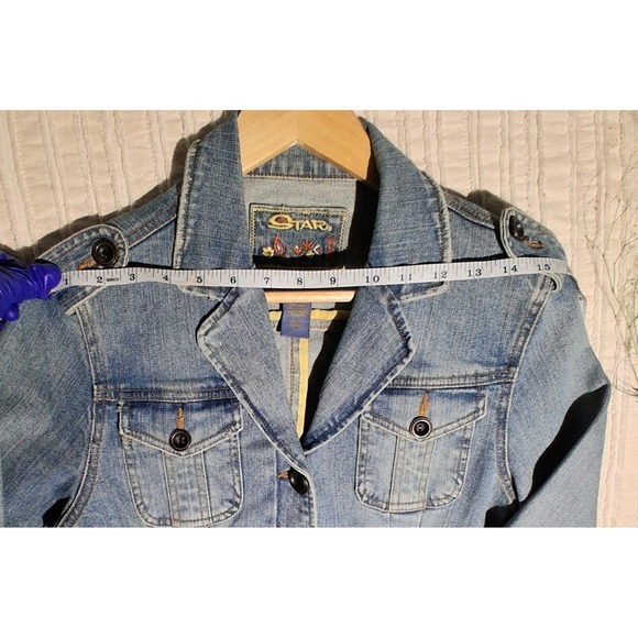 Y2k STAR Light Wash Denim Jacket Women's Button Front Military Style Jean Coat - Picture 17 of 17
